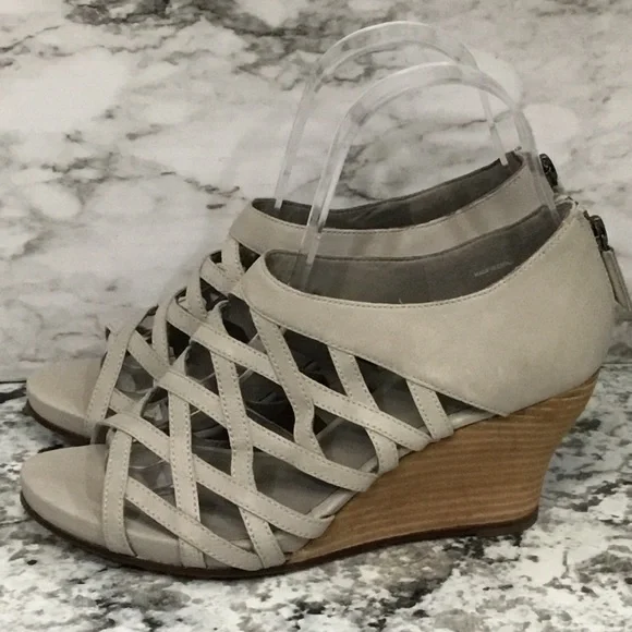 Eileen Fisher Cage Strap Lattice  Leather Gray Wood Wedge Sandal - Picture 2 of 12